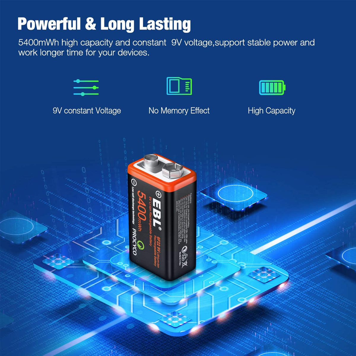 EBL USB Rechargeable 9V Lithium Batteries - 5400mWh Long Lasting LI-ion Batteries with Micro Charging Cable - Quick Charge in 2 Hours (4 Pack)