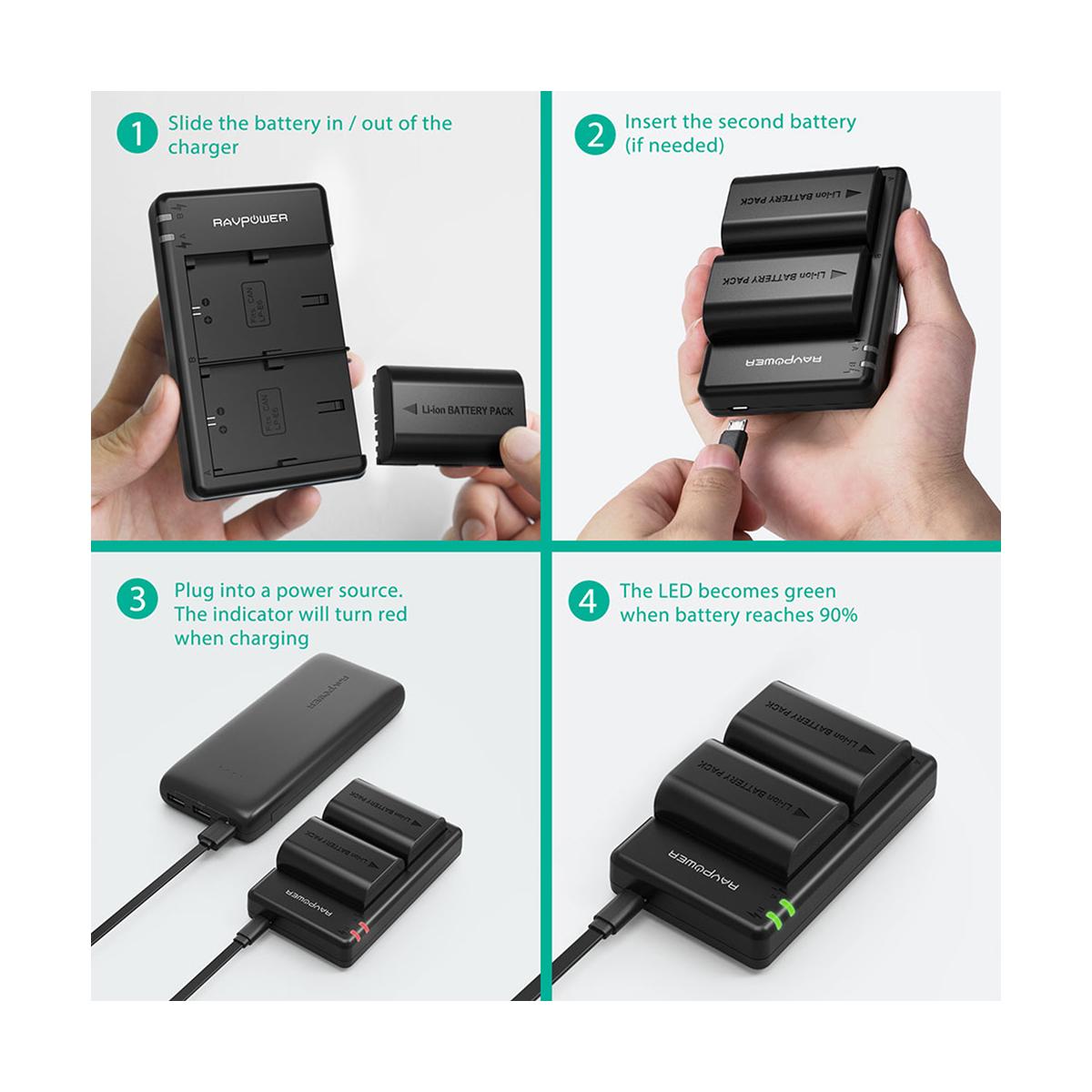 RAVPower LP-E6 Camera Battery Charger with 2pcs Batteries Set for Canon Cameras LPE6