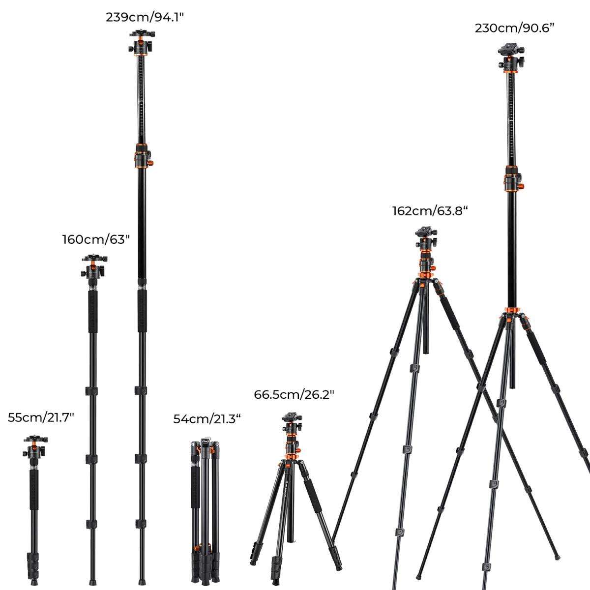 K&F Concept T254A7+BH-28L 90 inch/2.3m Tripod Reversible Detachable Monopod Transverse Center Column KF09.119