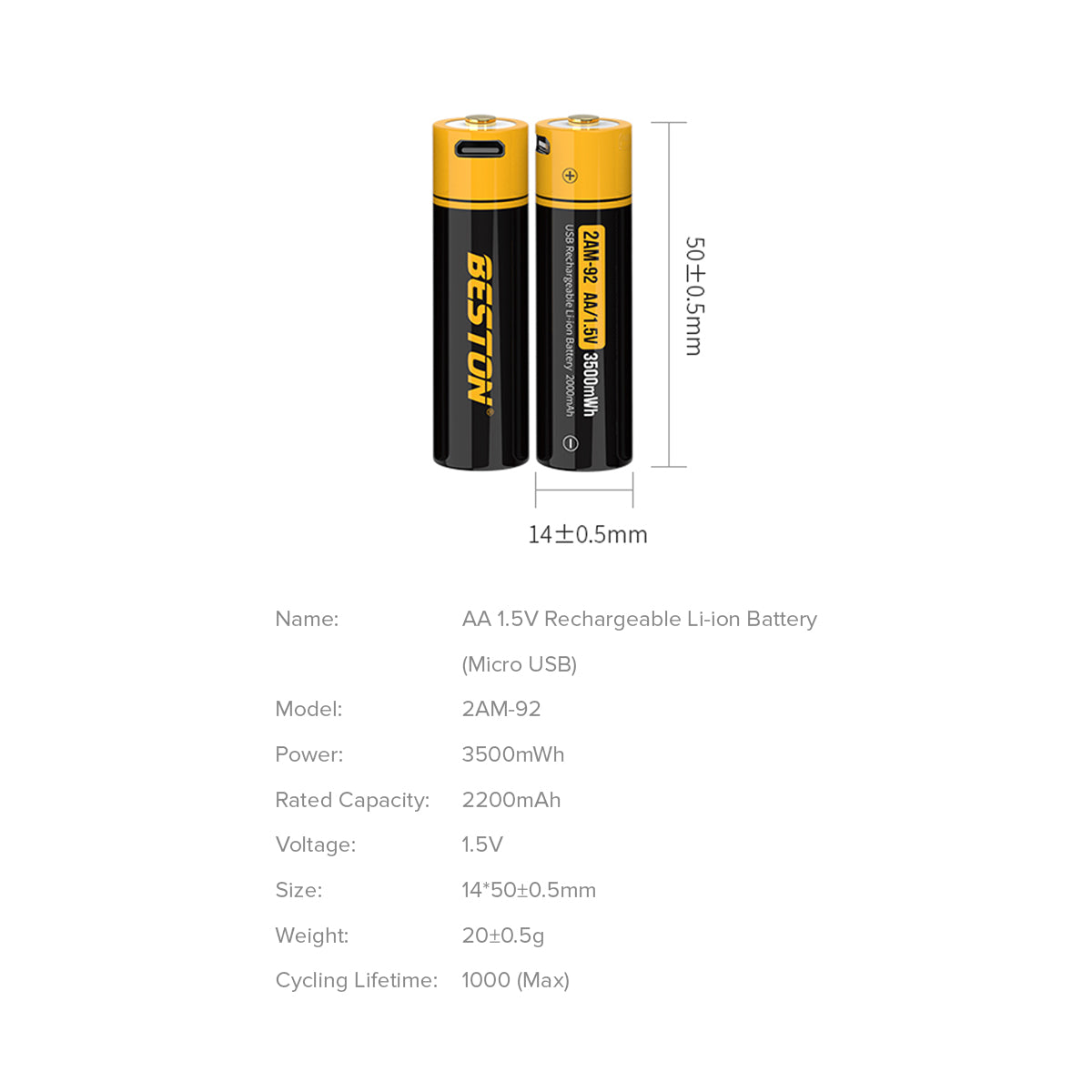 Beston AA 3500mWh 1.5V Li-ion USB Micro Battery
