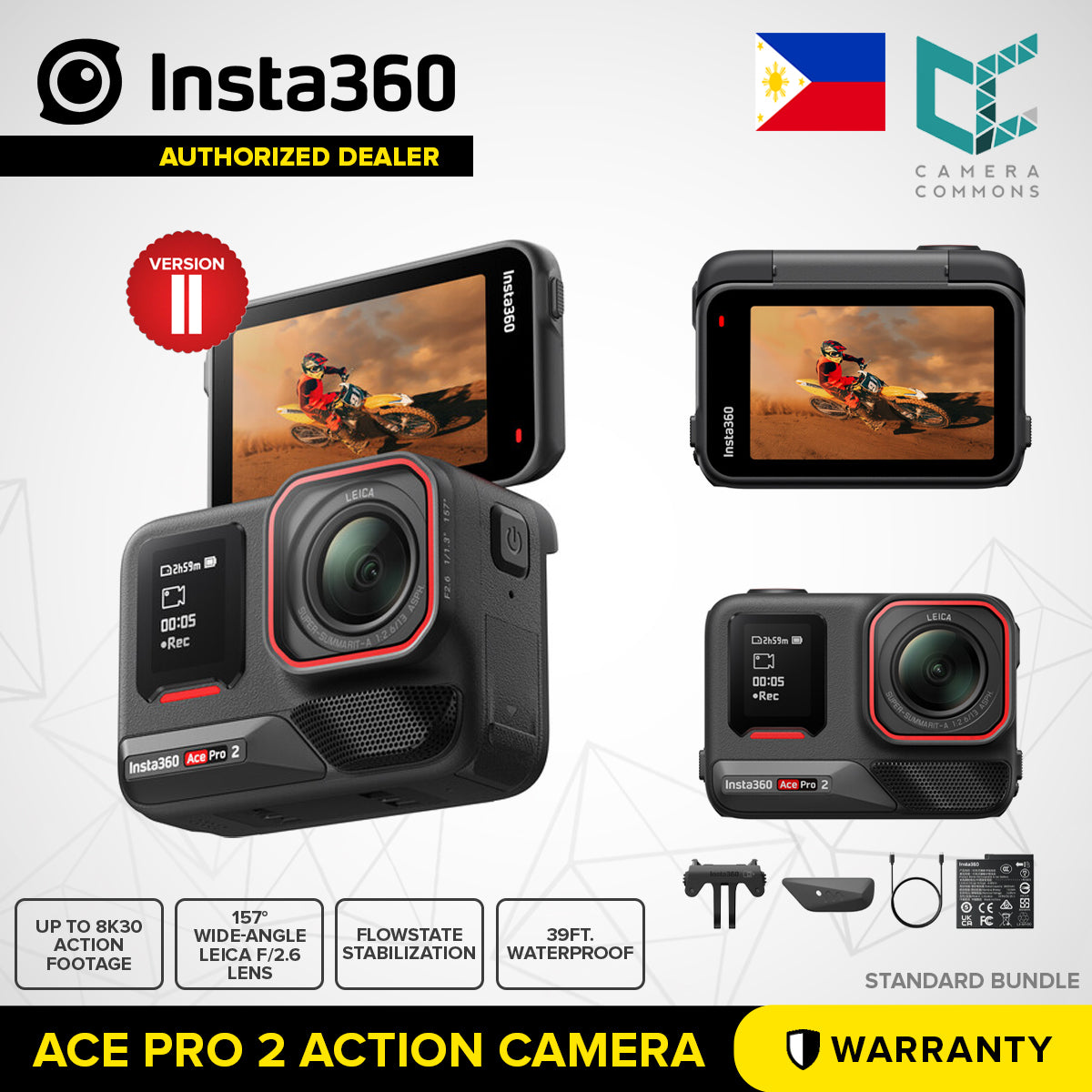 Insta360 Ace Pro 2 Waterproof Action Camera Standard Bundle 8K30fps 157ð Wide-Angle Leica f2.6 Lens