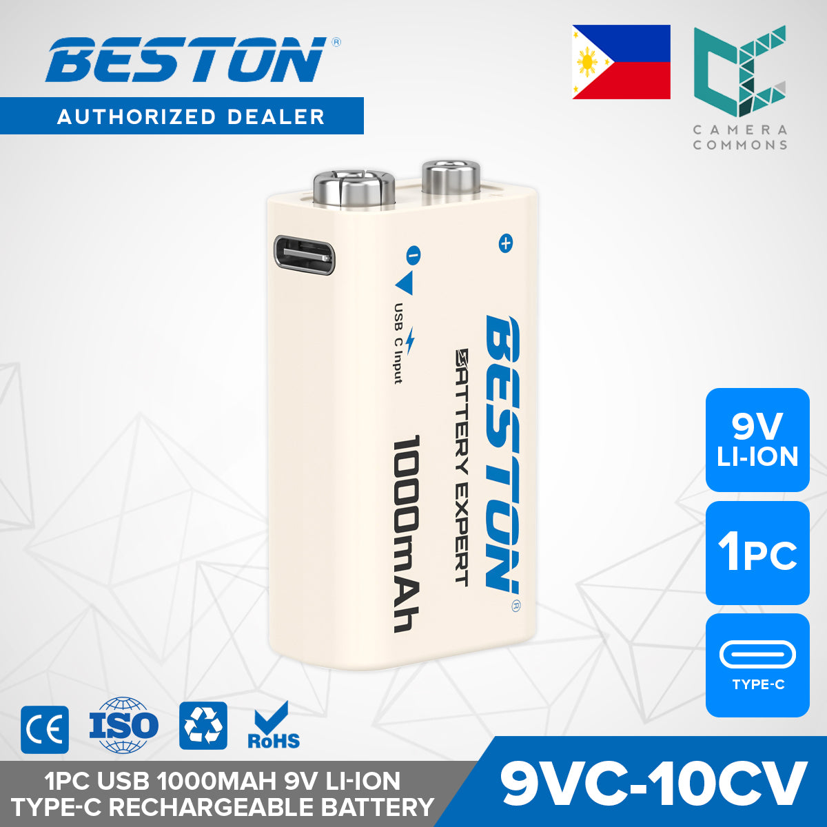 Beston 1pc USB 9V 1000mah Type C Rechargeable Lithium Battery 9VC-10CV with Cable