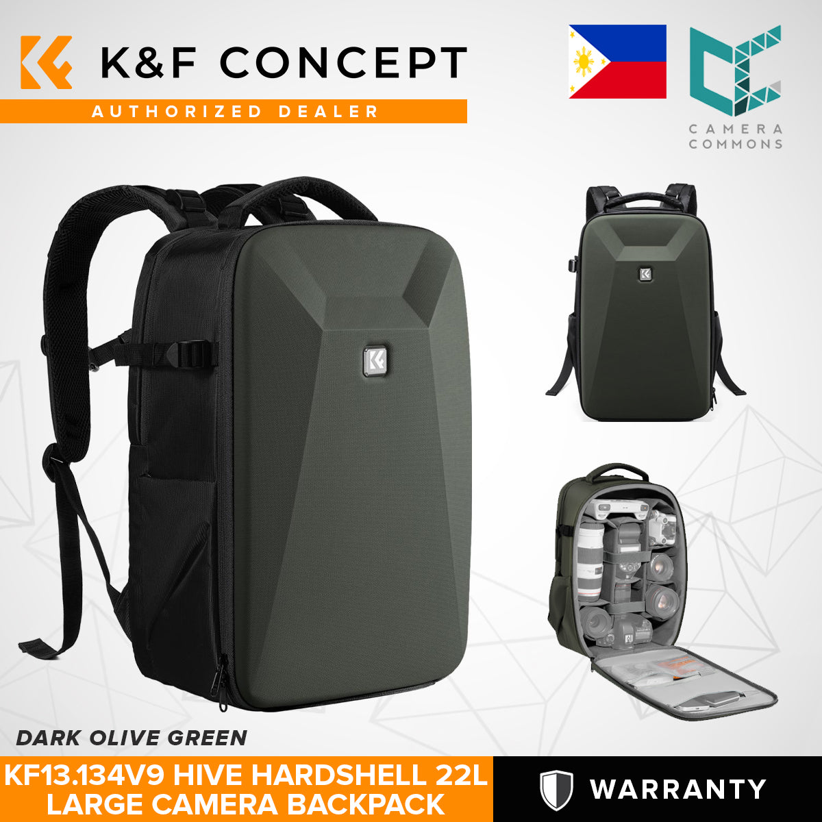 K&F Concept KF13.134 Hive HardShell 22L Large Camera Bag Backpack with 15-15.6 Inches Laptop Compartment