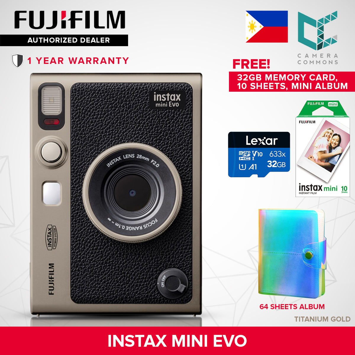 FUJIFILM Instax Mini Evo Hybrid Instant Camera Black and Brown with Mini Glossy Instant Film Sheets Direct Printing