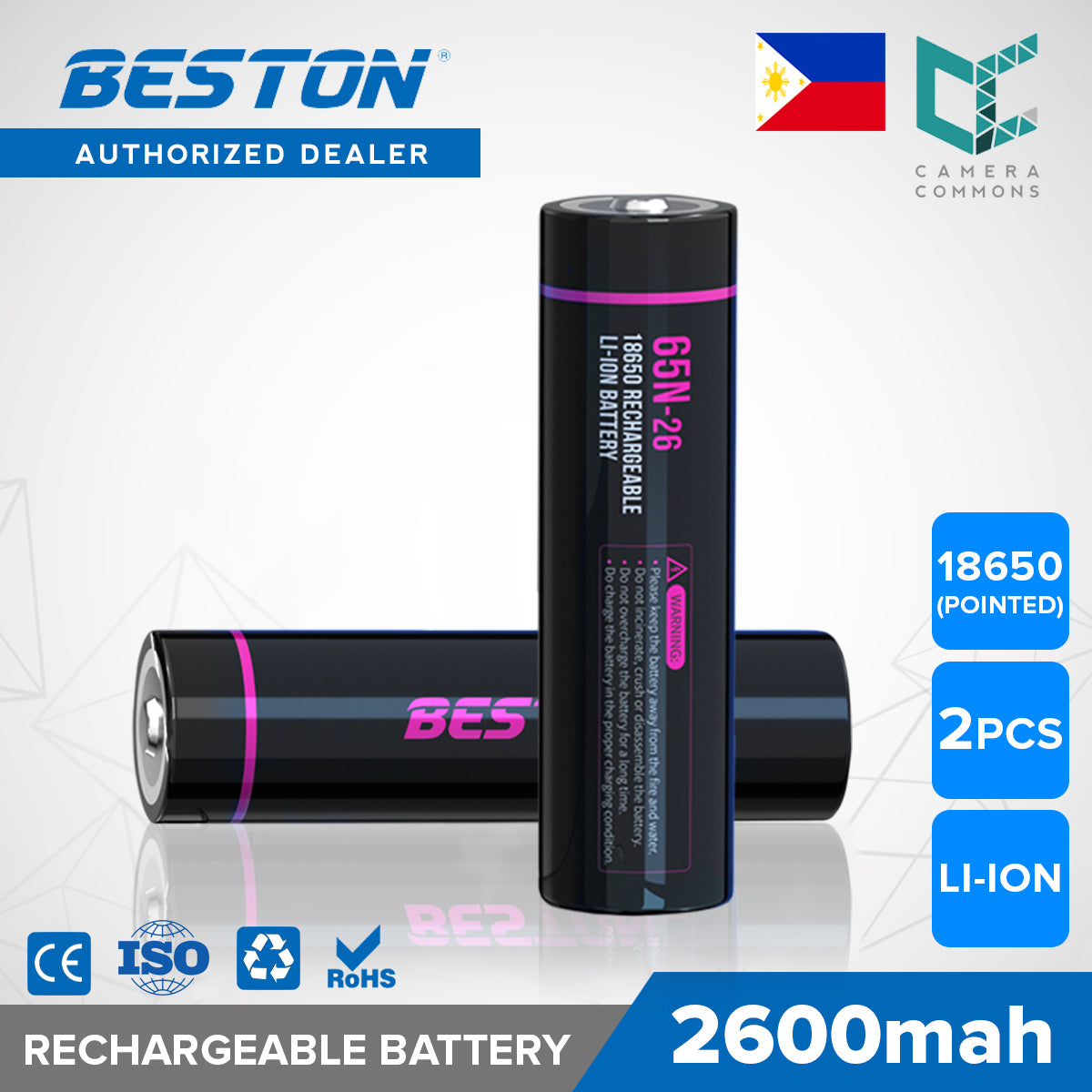 Beston 18650 3.7V Rechargeable Lithium Ion Battery Li-ON Large Capacity 2600MAH (Pointed Top)