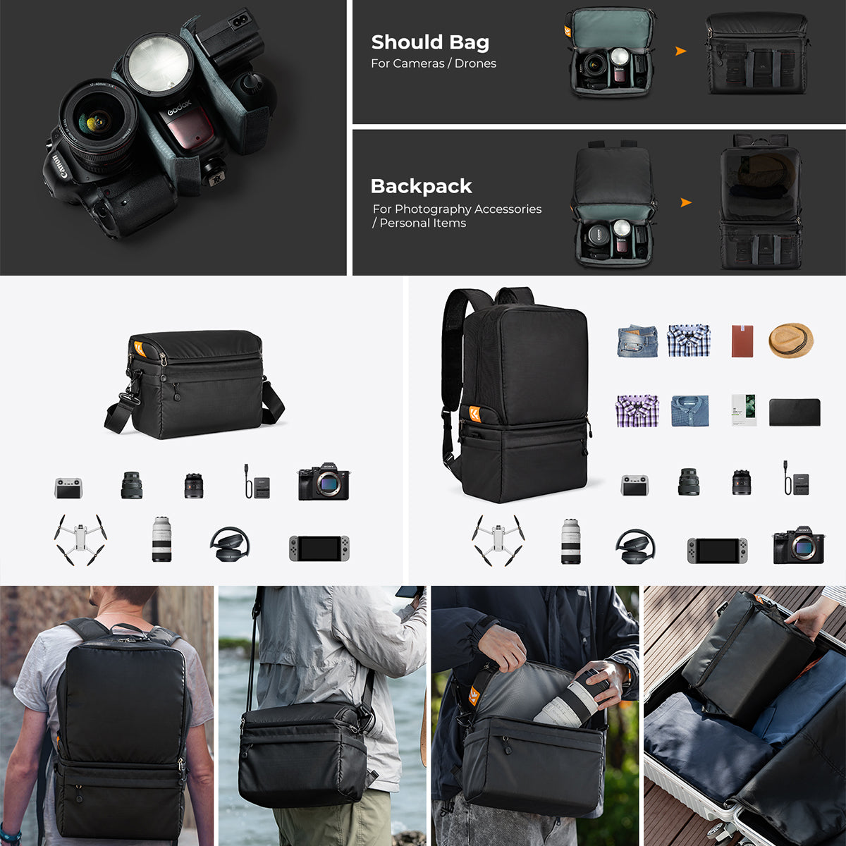 K&F Concept KF13.129 Alpha Collapsible Camera Bag 2 Way 22L for Photographers Business Trip Travel Everyday Bags Black