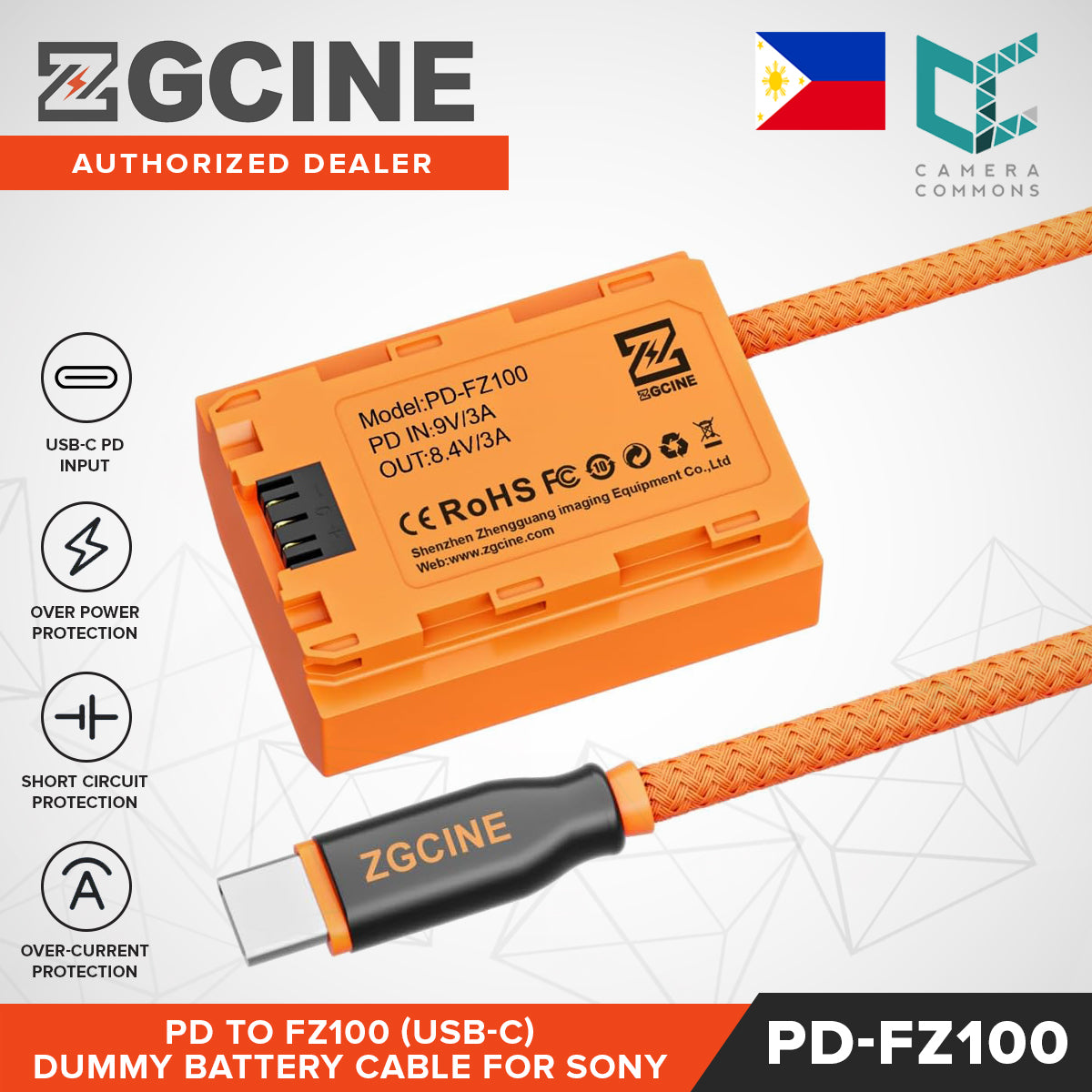 ZGCINE D-Tap / USB-C PD to FZ100 Dummy Battery Cable Braided Wire for Sony Cameras