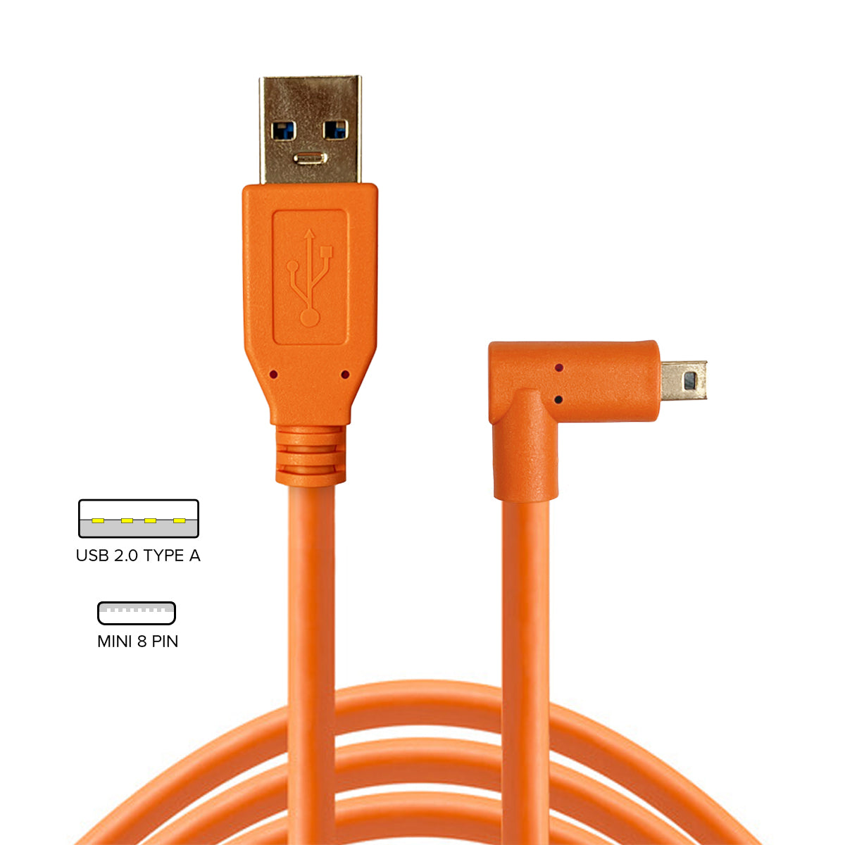 STUDIOMATE USB 2.0 Type A to Mini 8 Pin Right Angle Orange Cable Connector 5 meters 5m