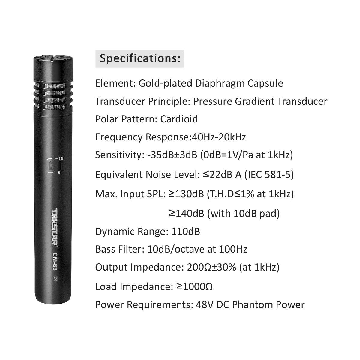 Takstar CM-63 Small Diaphragm Microphone for Audio Sound Studio Production CM63