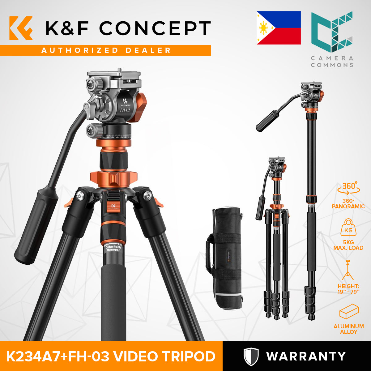 K&F Concept 2 in 1 Video Tripod Monopod with FH-03 Fluid Head K234A7 / O255C4