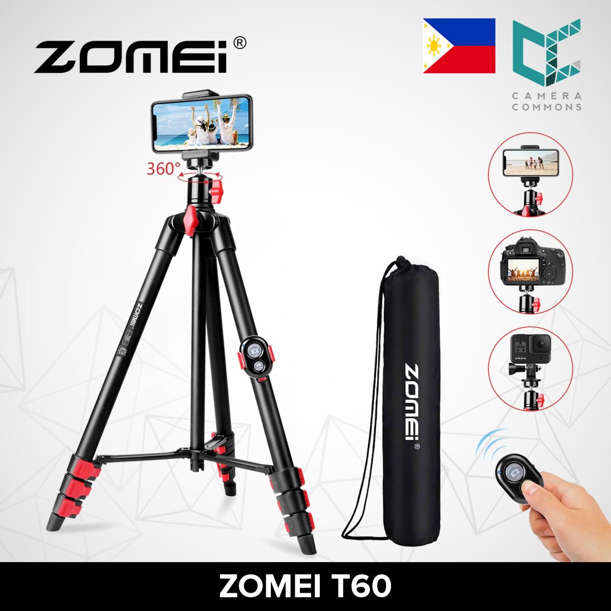 Zomei T60 Phone Tripod Portable Lightweight Aluminum with Universal Cell Phone Holder Carry Bag Remote Shutter