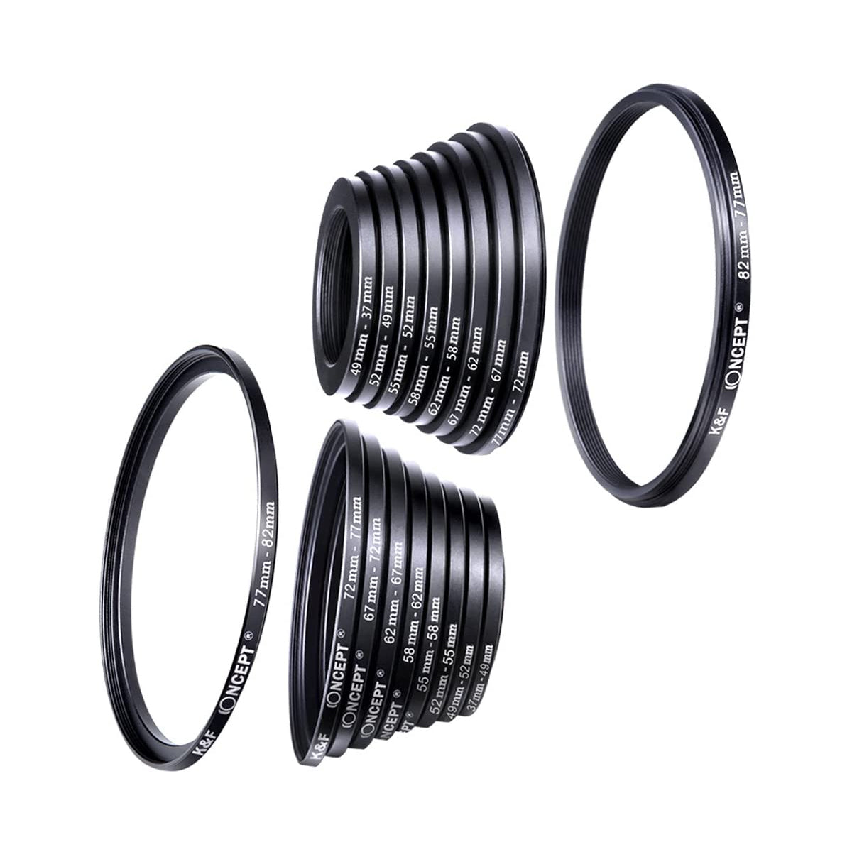 K&F Concept PH Official 18pcs Camera Lens Filter Ring Adapter Metal Stepping Rings Kit (9pcs Step Up Ring Set + 9pcs Step Down Ring Set)