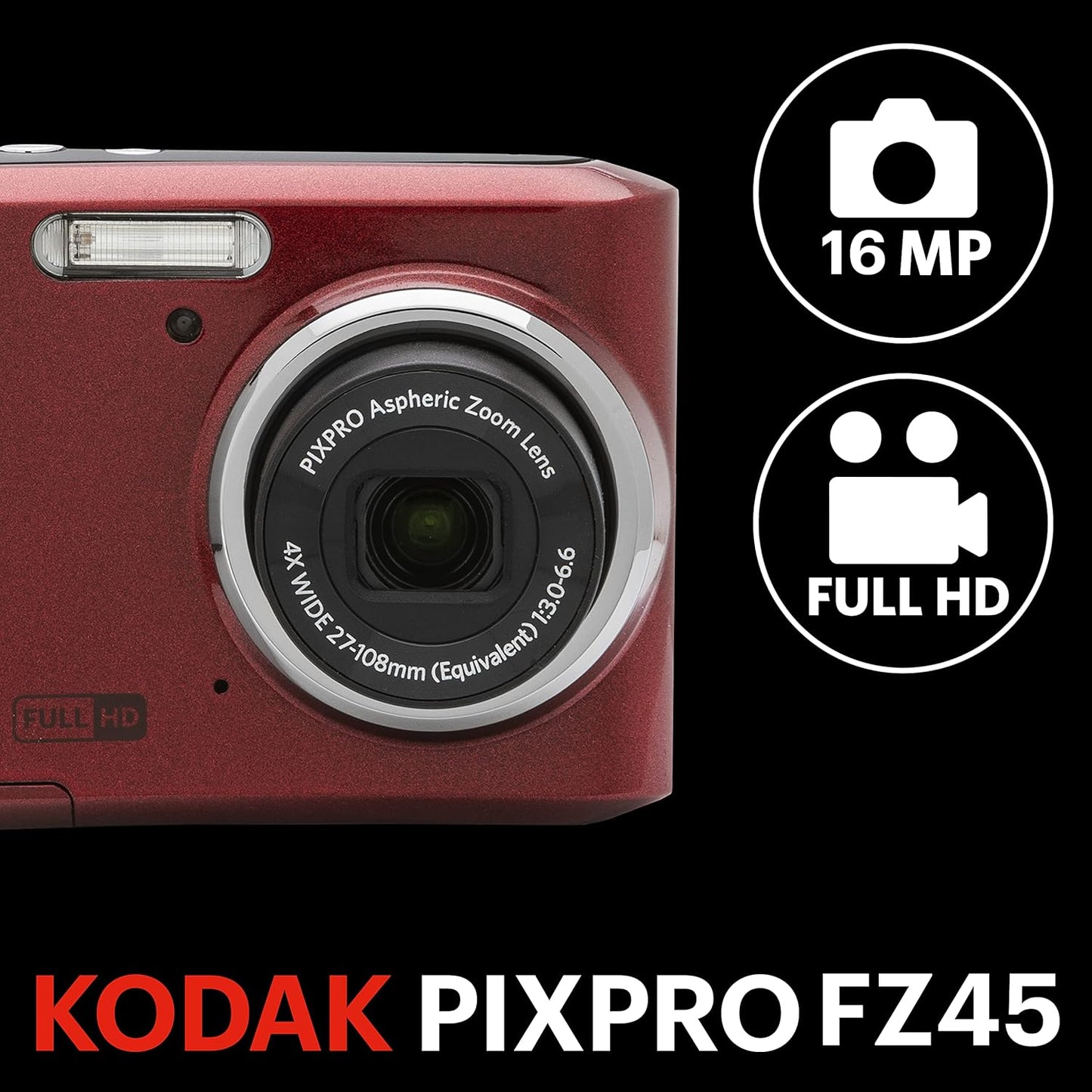 Kodak PIXPRO FZ45 Digital Camera Point & Shoot 16MP 27mm Wide-Angle 4x Optical Zoom 1080 Full HD