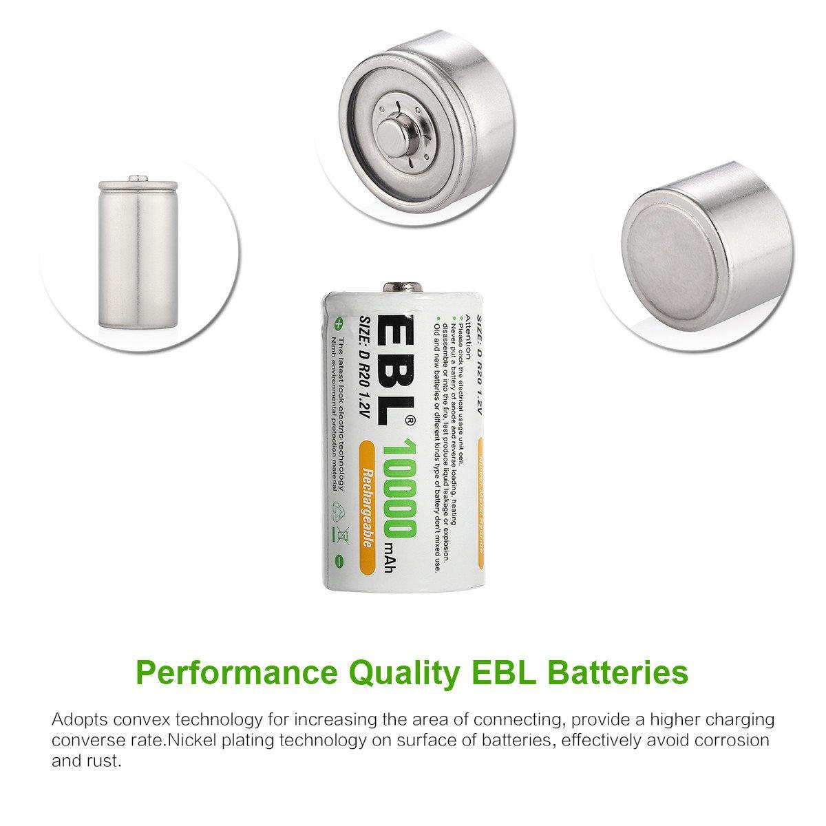 EBL 2 Pack 1.2V D Size D Cell 10000mAh Rechargeable battery - Ni-MH NiMH Camera Commons PH