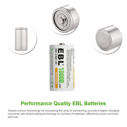 EBL 2 Pack 1.2V D Size D Cell 10000mAh Rechargeable battery - Ni-MH NiMH Camera Commons PH