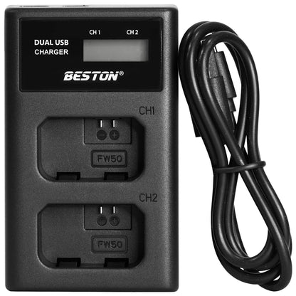 BESTON FW-50 LCD Dual USB Charger (Micro USB Type-C) for Sony Camera Batteries FW50