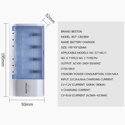 Beston C821BW 6 Bay Multifunction Ni-MH Battery Charger for AA AAA D Size C Size 9V NIMH
