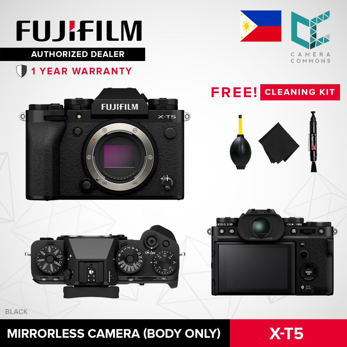 FUJIFILM X-T5 Mirrorless Camera Body 40MP APS-C 7-Stop IBIS Tilting Touchscreen LCD Black Silver