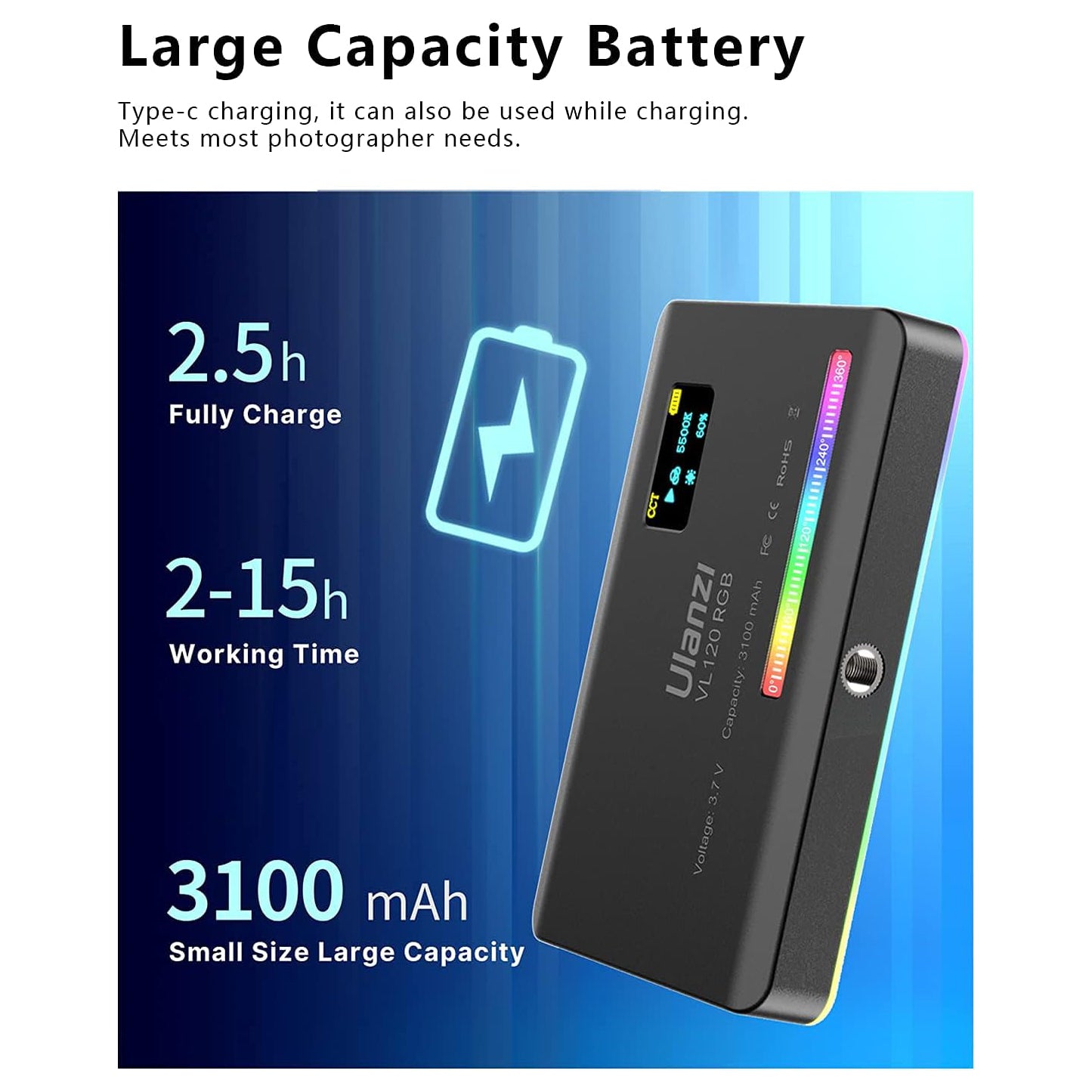 Ulanzi VL120 RGB VL-200 Bi-Color Rechargeable Video Light for Photo Studio Lighting 2495 2481