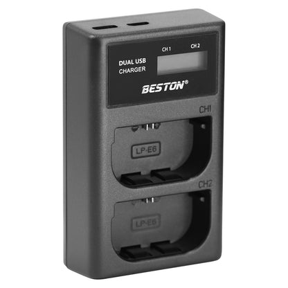 BESTON LP-E6 LCD Dual USB Charger (Micro USB Type-C) for Canon Camera Batteries LPE6