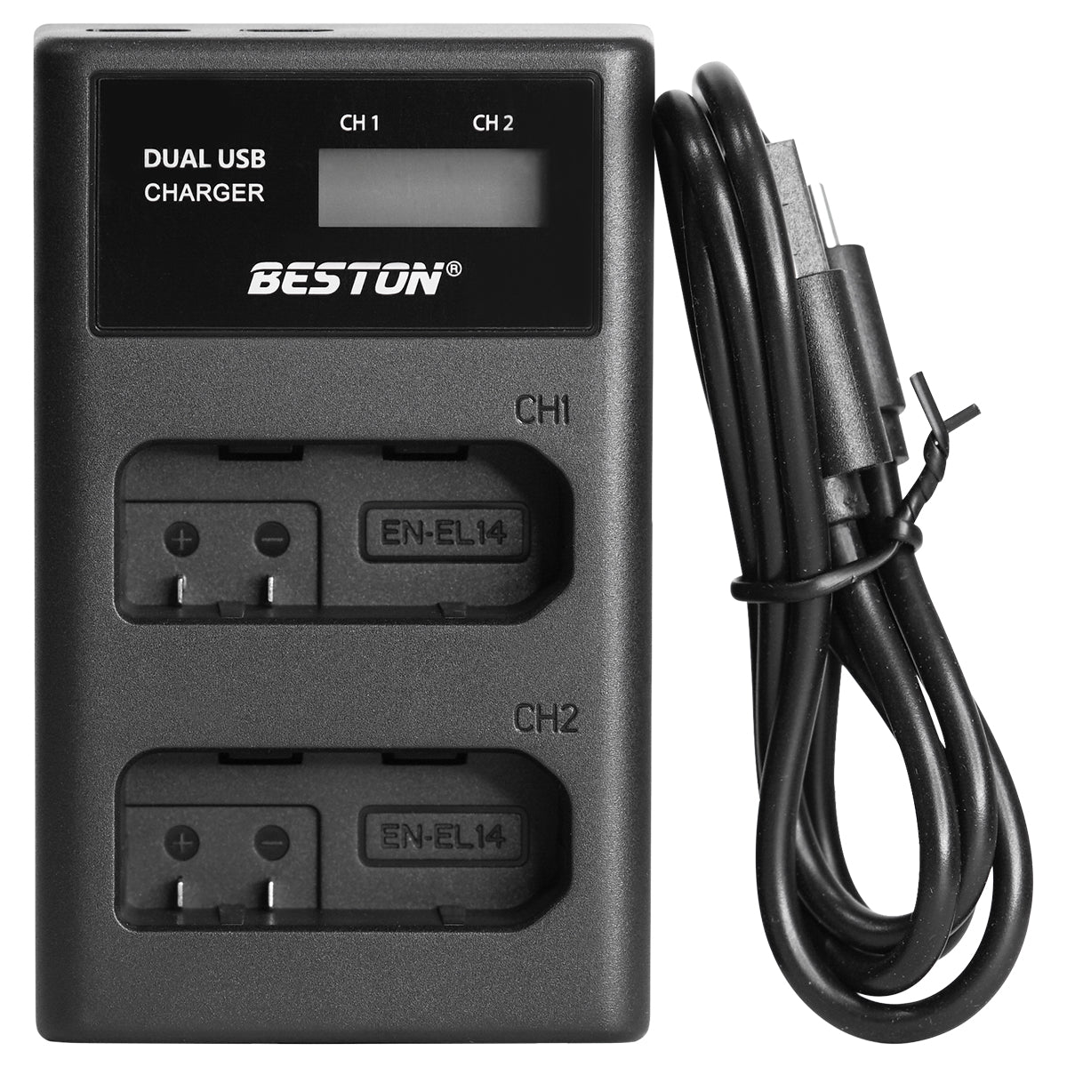 BESTON EN-EL14 LCD Dual USB Charger (Micro USB Type-C) for Camera Batteries ENEL14