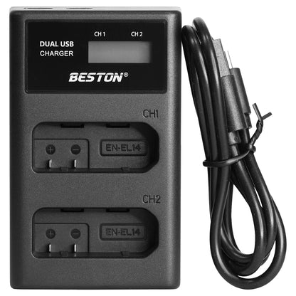 BESTON EN-EL14 LCD Dual USB Charger (Micro USB Type-C) for Camera Batteries ENEL14