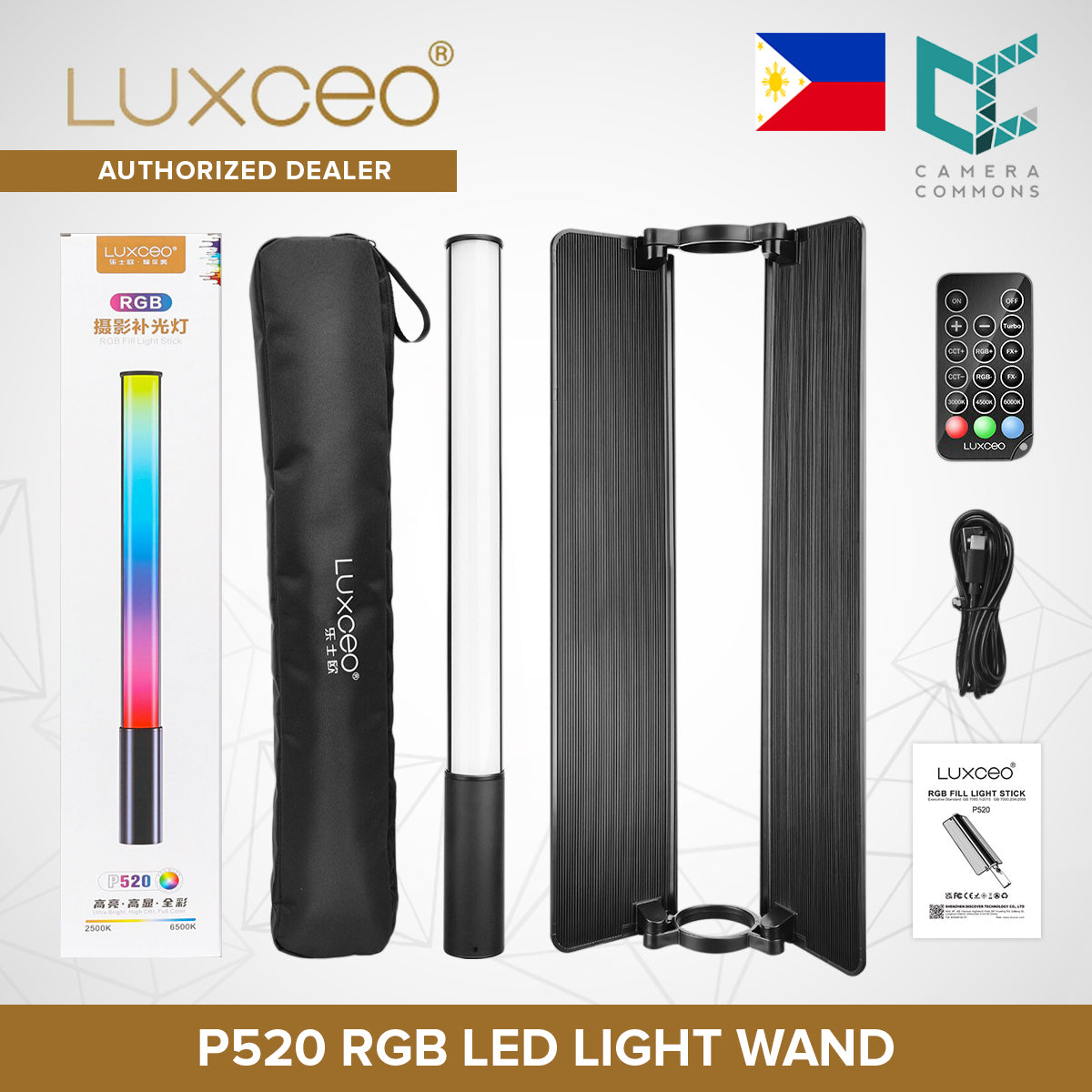 LUXCEO P520 RGB LED Light Wand Stick With Barndoor Built-in Battery 36 Colors Studio Tiktok Lighting