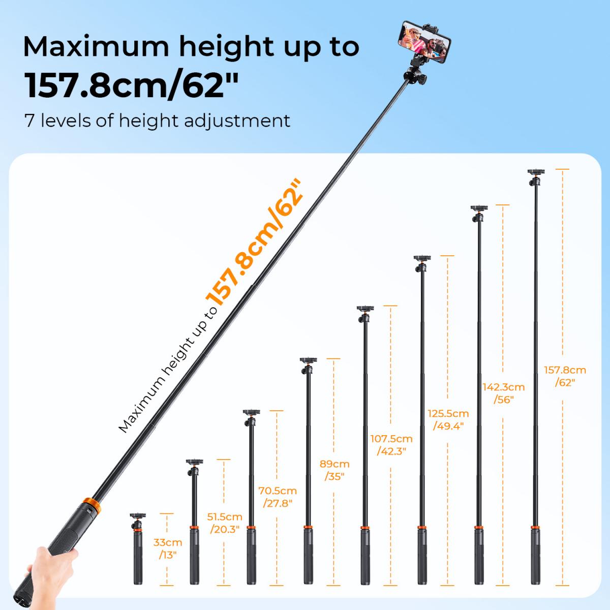 K&F Concept MS04 62'' 1.58m Phone Tripod Selfie Stick with Bluetooth Remote Control + GoPro Adapter