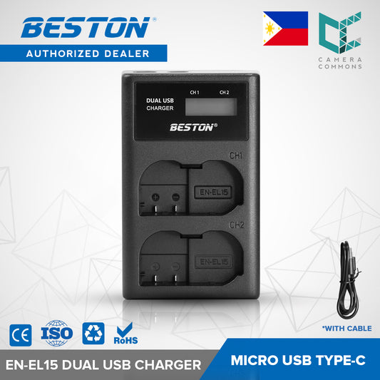 BESTON EN-EL15 LCD Dual USB Charger (Micro USB Type-C) for Camera Batteries ENEL15