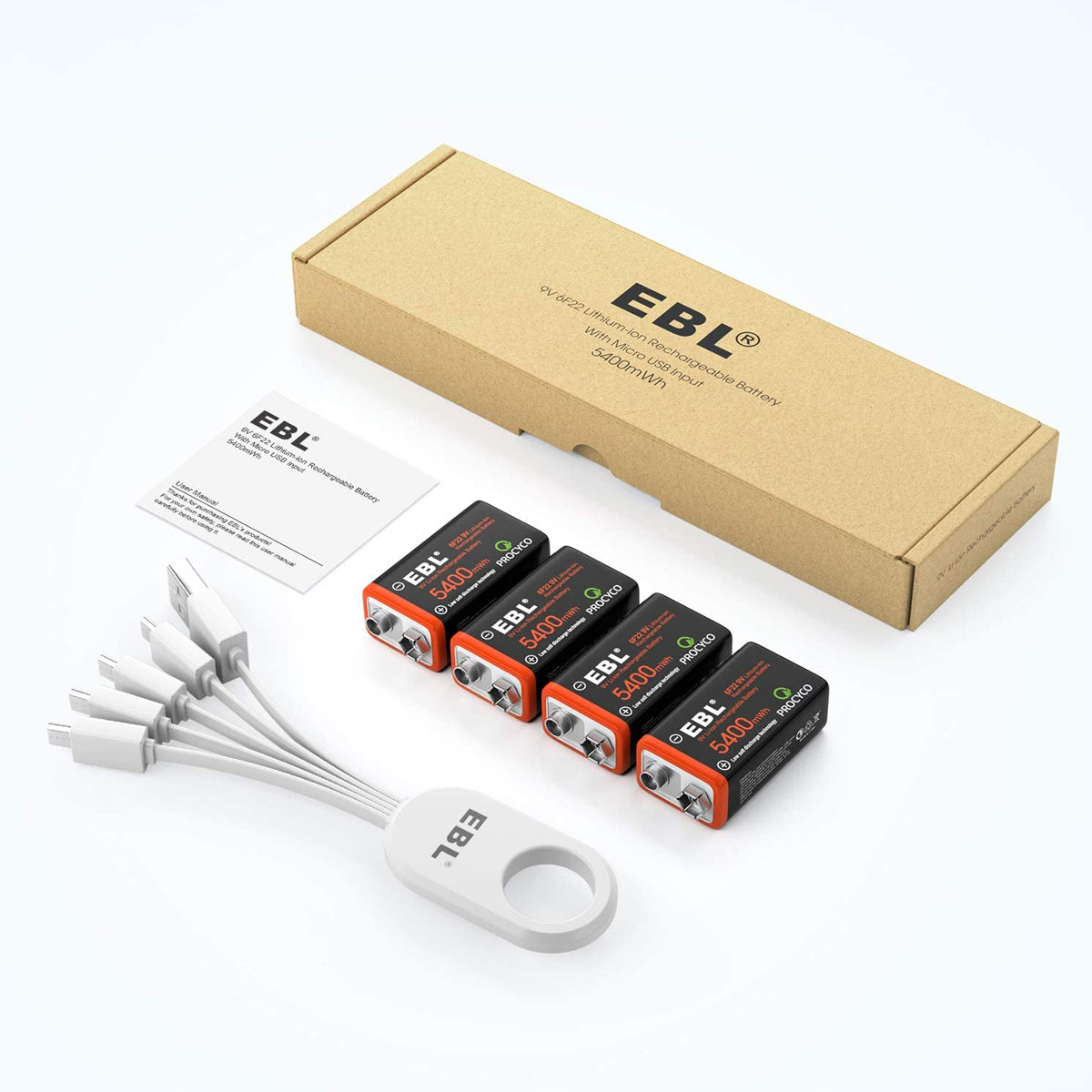 EBL USB Rechargeable 9V Lithium Batteries - 5400mWh Long Lasting LI-ion Batteries with Micro Charging Cable - Quick Charge in 2 Hours (4 Pack)