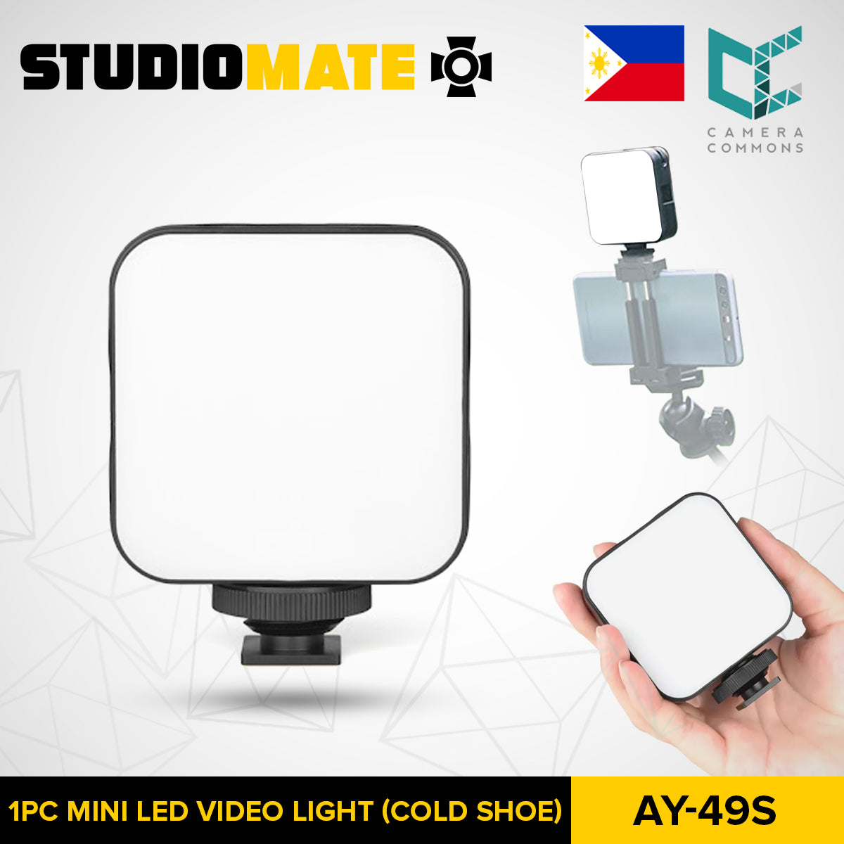STUDIOMATE AY-49S WL-R1 RGB Mini LED Video Light Square with Cold Shoe Mount Adapter Kit Fill-in Lamp Portable Lightweight