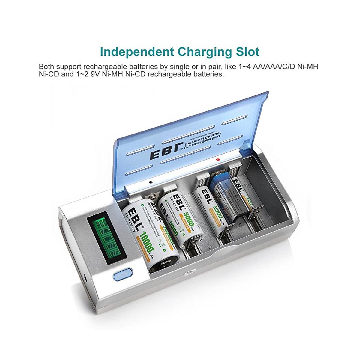 EBL 4 Bay LCD Smart Battery Charger for AA , AAA , C , D , 9V , Ni-MH , Ni-CD Rechargeable Batteries NiMH NiCD Camera Commons PH