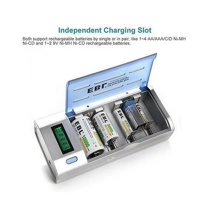 EBL 4 Bay LCD Smart Battery Charger for AA , AAA , C , D , 9V , Ni-MH , Ni-CD Rechargeable Batteries NiMH NiCD Camera Commons PH