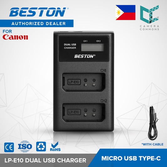 BESTON LP-E10 LCD Dual USB Charger (Micro USB Type-C) for Canon Camera Batteries LPE10