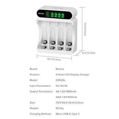 Beston C9023 LED C9023L Smart LCD 4 Bay Charger with Micro USB Cable for Ni-MH AA AAA Battery