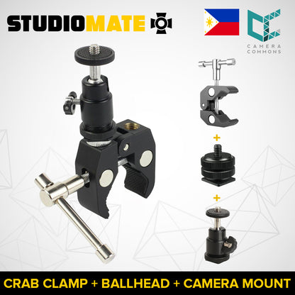 STUDIOMATE SM18 3 in 1 Crab Clamp + Ballhead + Camera Tripod Mount Adapter with 1/4 and 3/8 inch Thread Rod Clamp for Photography, Light Stand, Monitor, etc.