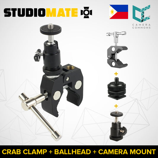 STUDIOMATE SM18 3 in 1 Crab Clamp + Ballhead + Camera Tripod Mount Adapter with 1/4 and 3/8 inch Thread Rod Clamp for Photography, Light Stand, Monitor, etc.