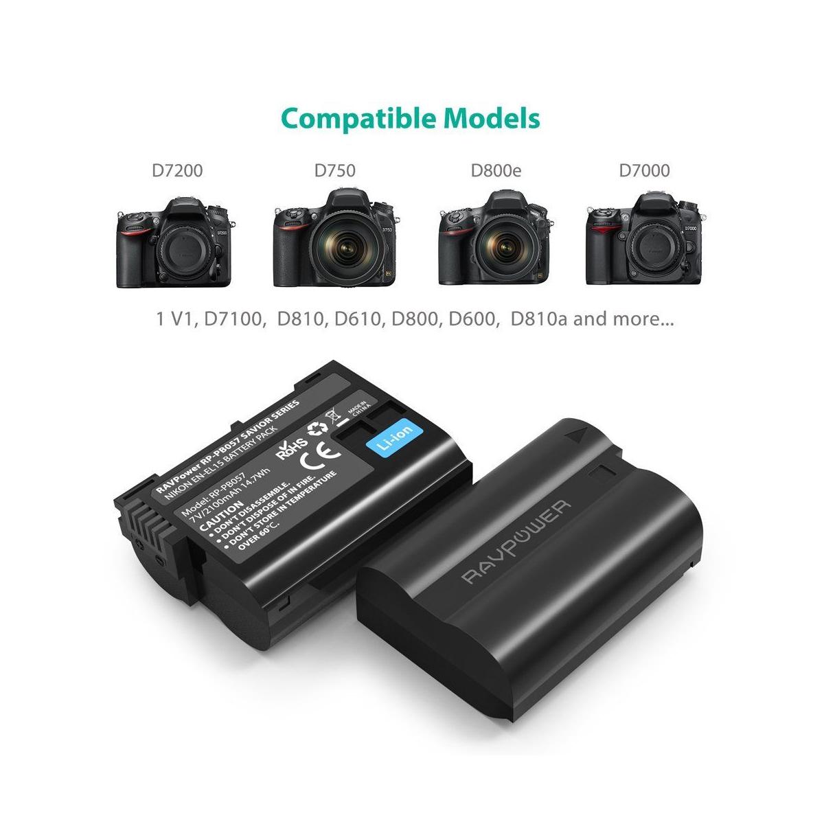 RAVPower EN-EL15 Camera Battery Charger with 2pcs Batteries Set for Nikon Cameras ENEL15