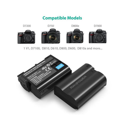RAVPower EN-EL15 Camera Battery Charger with 2pcs Batteries Set for Nikon Cameras ENEL15