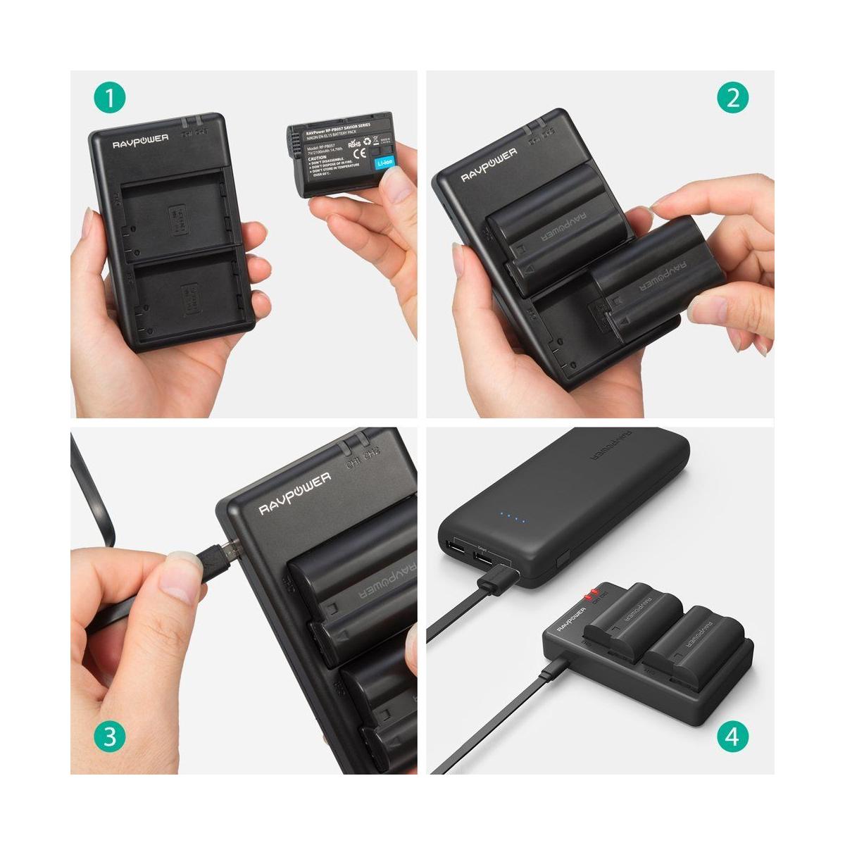 RAVPower EN-EL15 Camera Battery Charger with 2pcs Batteries Set for Nikon Cameras ENEL15