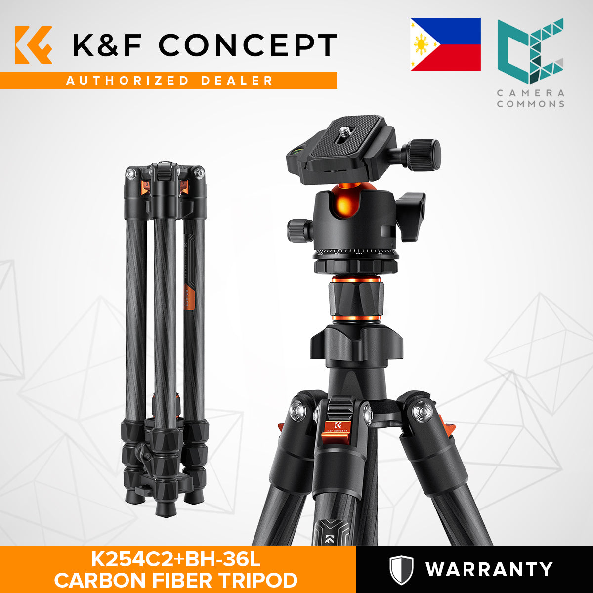 K&F Concept K254C2+BH-36L 64" Carbon Fiber Lightweight Travel Tripod with 36mm Ball Head Quick Release Plate KF09.123