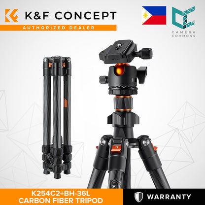 K&F Concept K254C2+BH-36L 64" Carbon Fiber Lightweight Travel Tripod with 36mm Ball Head Quick Release Plate KF09.123