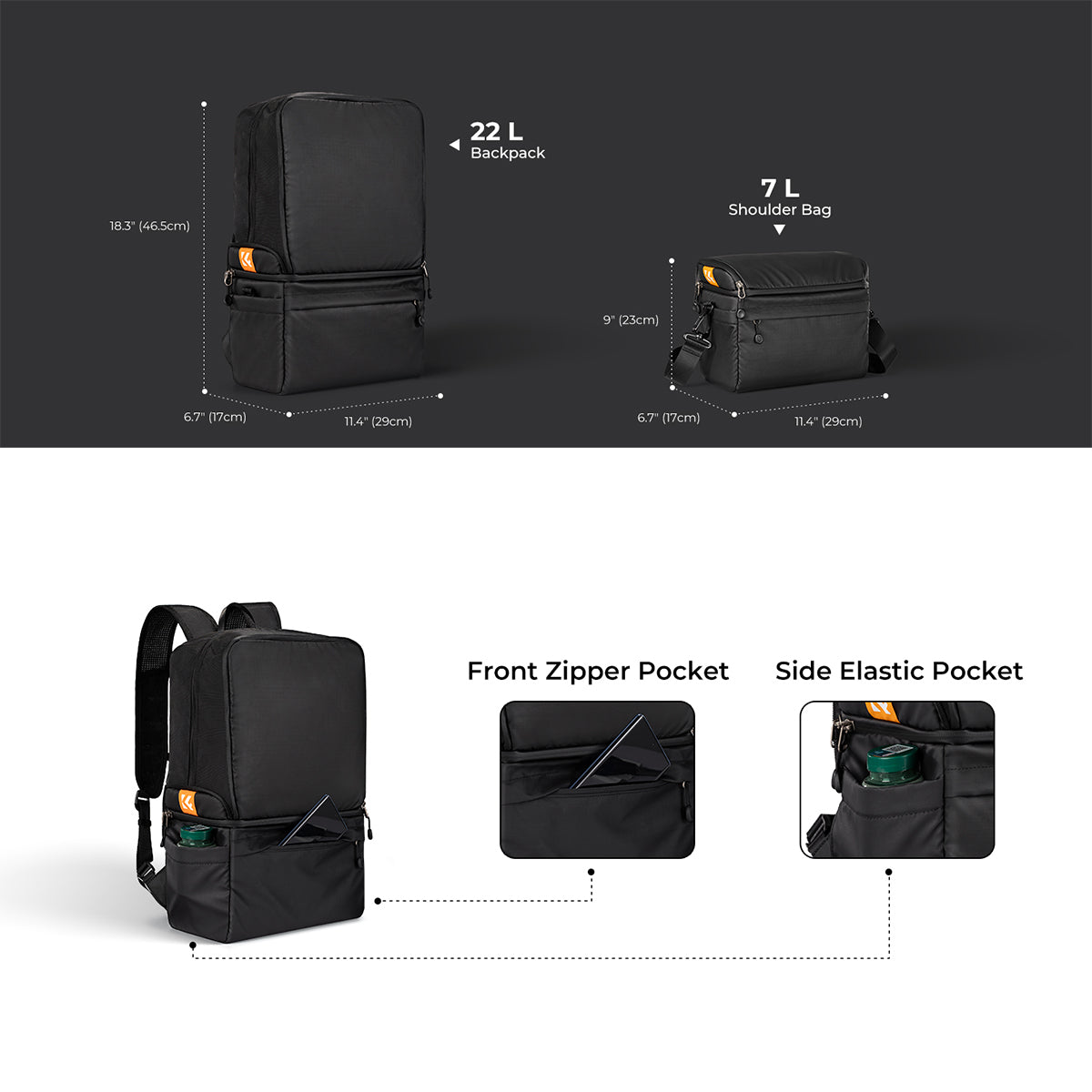 K&F Concept KF13.129 Alpha Collapsible Camera Bag 2 Way 22L for Photographers Business Trip Travel Everyday Bags Black