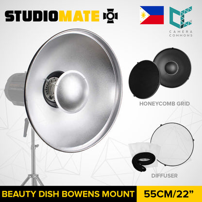 Silver Bowens Mount Beauty Dish 55cm 22" +Honeycomb Grid+Diffuser Sock for Professional Photography