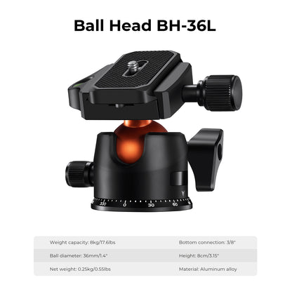 K&F Concept K254C2+BH-36L 64" Carbon Fiber Lightweight Travel Tripod with 36mm Ball Head Quick Release Plate KF09.123