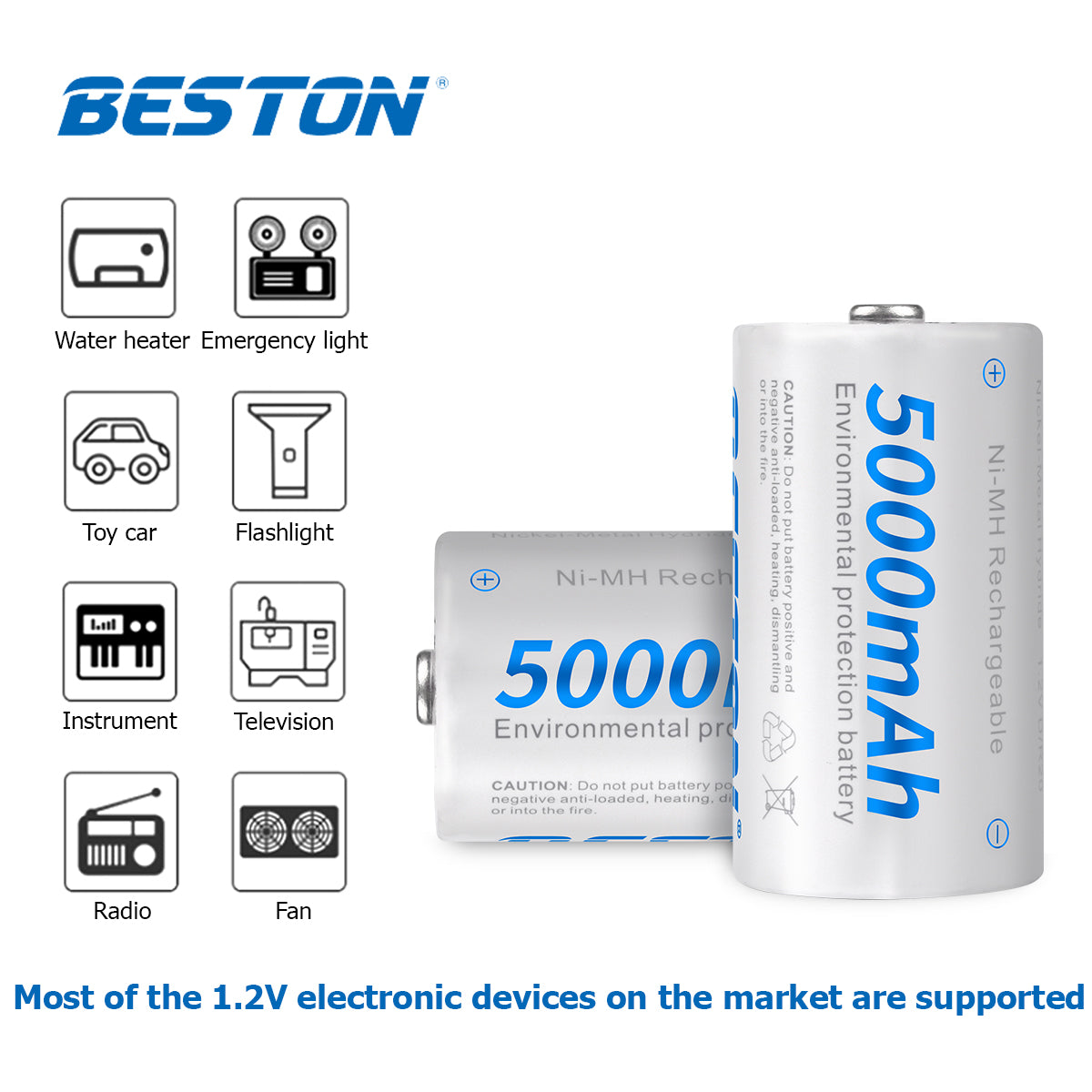 Beston Pack of 2 5000mAh D Size 1.2V Rechargeable NI-MH Battery