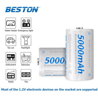 Beston Pack of 2 5000mAh D Size 1.2V Rechargeable NI-MH Battery