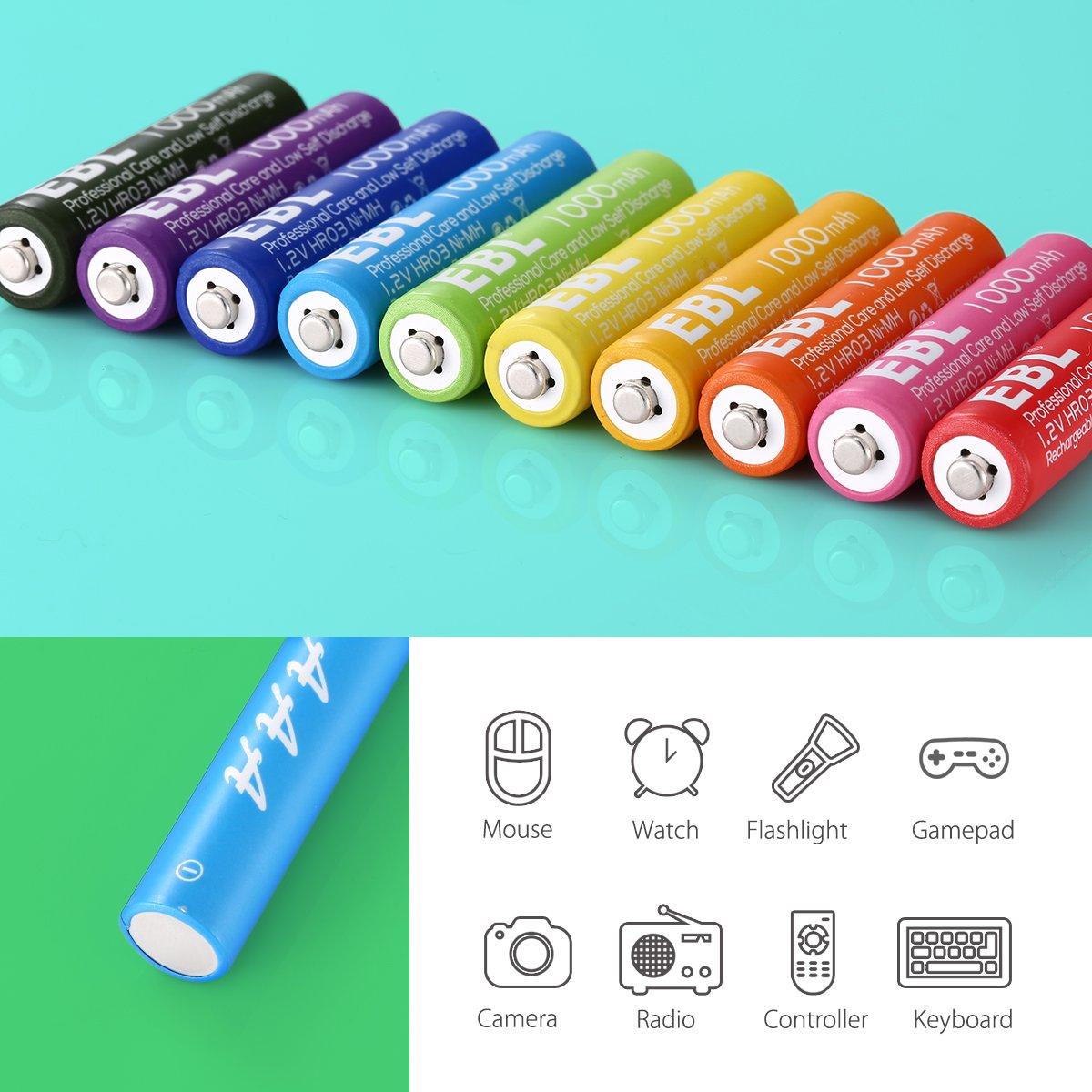EBL Multi Color 10-Pack 1.2V AAA Size 1000mAh Rechargeable battery - Ni-MH
