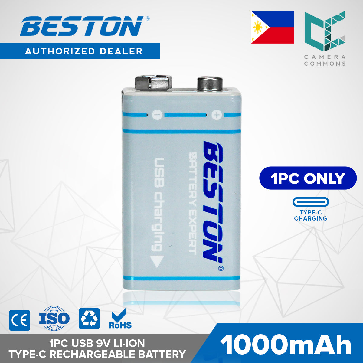 Beston 1pc USB 9V 1000mah Type C Rechargeable Lithium Battery 9VC-10CV with Cable