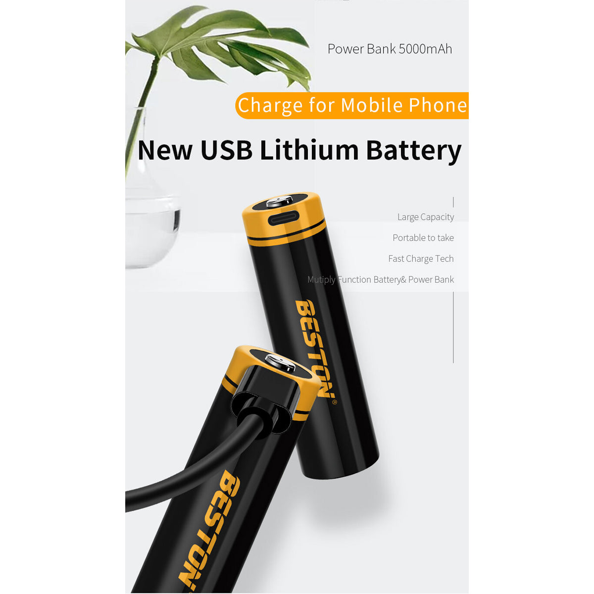Beston 1pc 21770 77T-50 Type C 5000mah Li-ion Rechargeable Battery Two Way Plug In Black Yellow 77T50